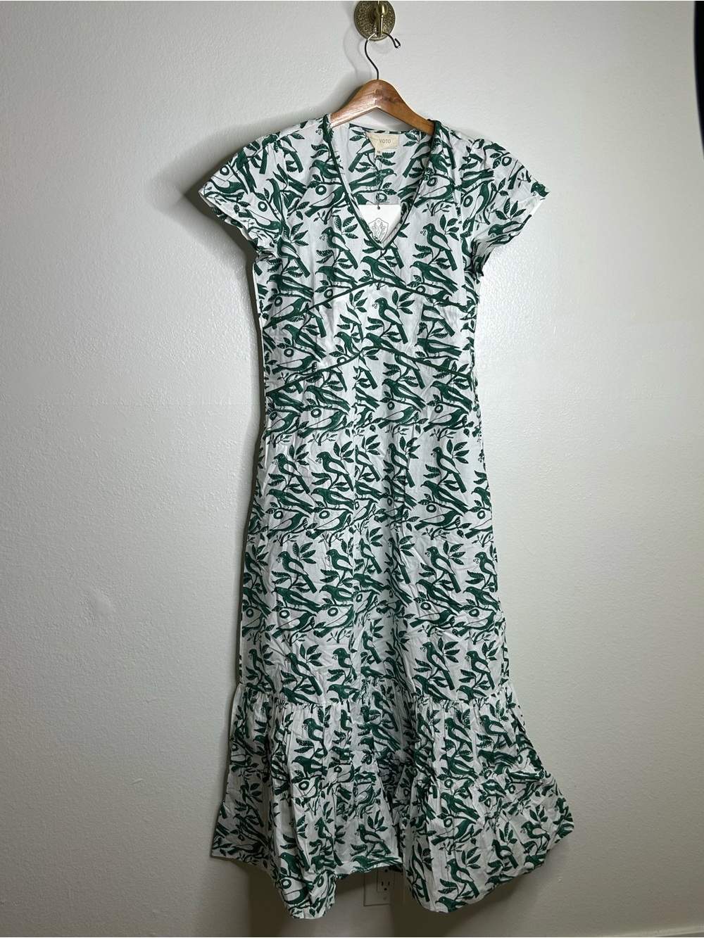 Ex Voto 100% Cotton White Green Bird Block Printed Maxi Dress